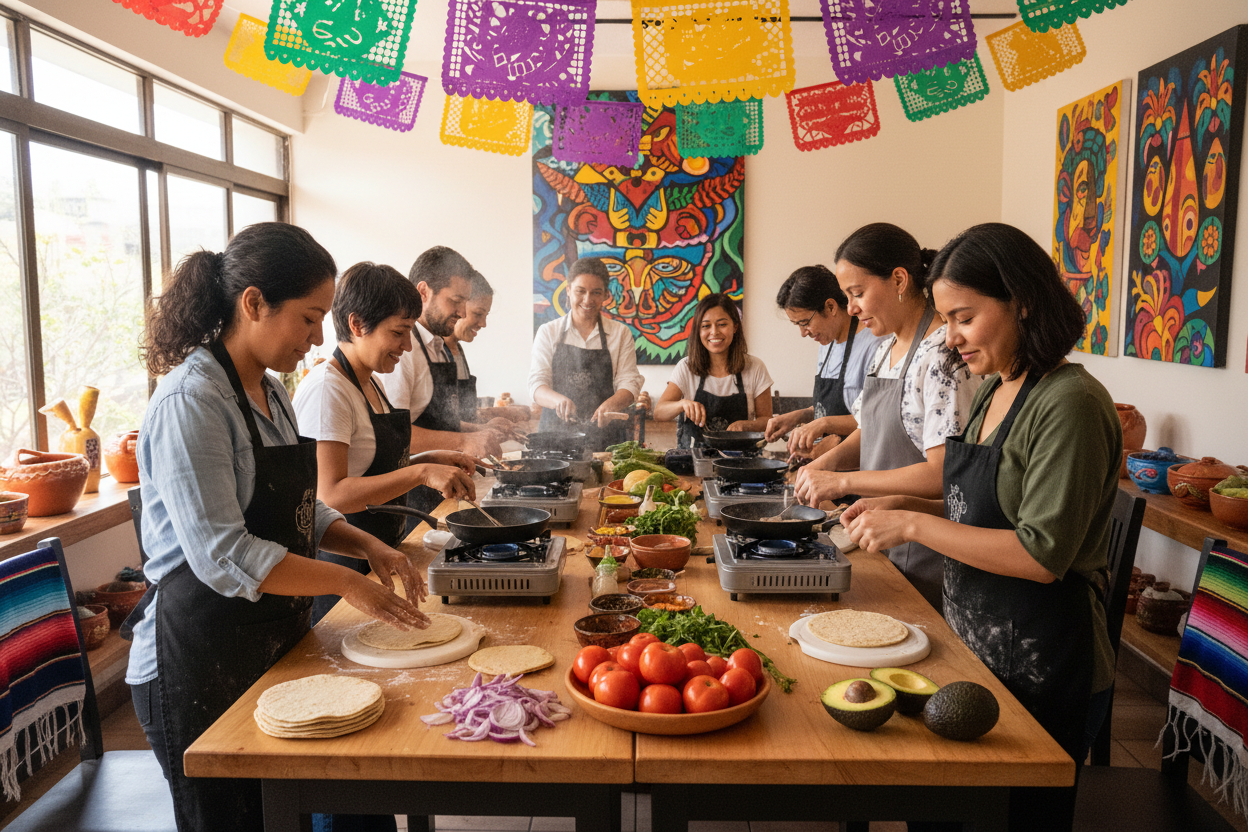 Teilnehmer kochen gemeinsam bei Kathia de Mexico